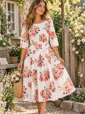 MINT LIMIT Floral Rose Romantic Cottagecore Boatneck Fit & Flare Dress M NWT